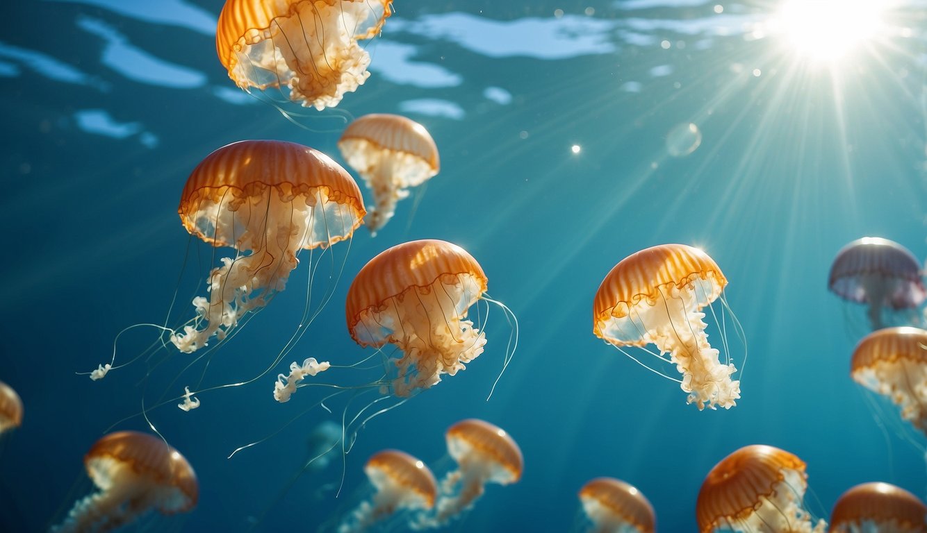 A group of colorful jellyfish gracefully drift through the clear, blue ocean waters, their translucent bodies glowing in the sunlight