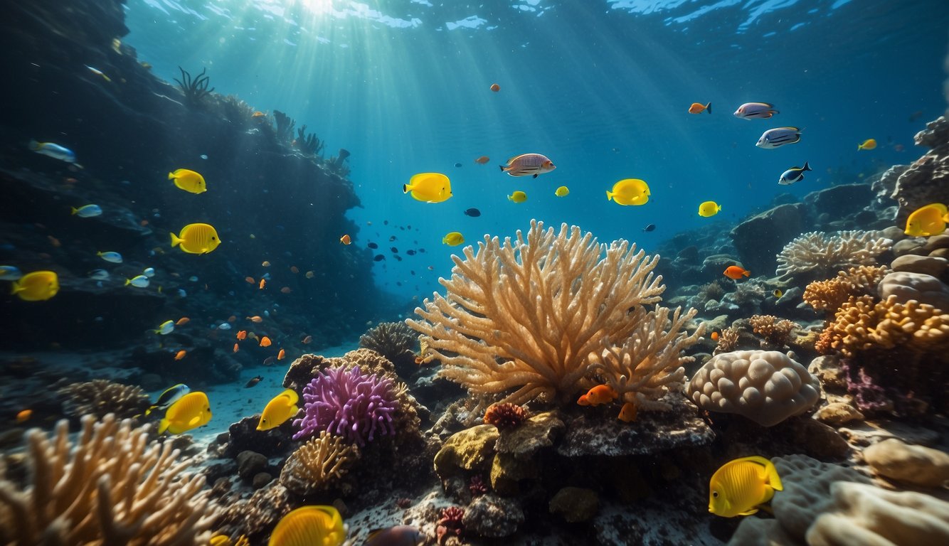 A vibrant underwater scene with sea pens swaying in the current, surrounded by diverse marine life and colorful coral, depicting their important role in marine ecosystems