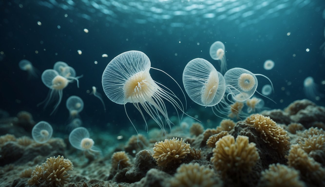 A diverse array of plankton drifts through the water, from tiny diatoms to graceful jellyfish, creating a vibrant and dynamic underwater world