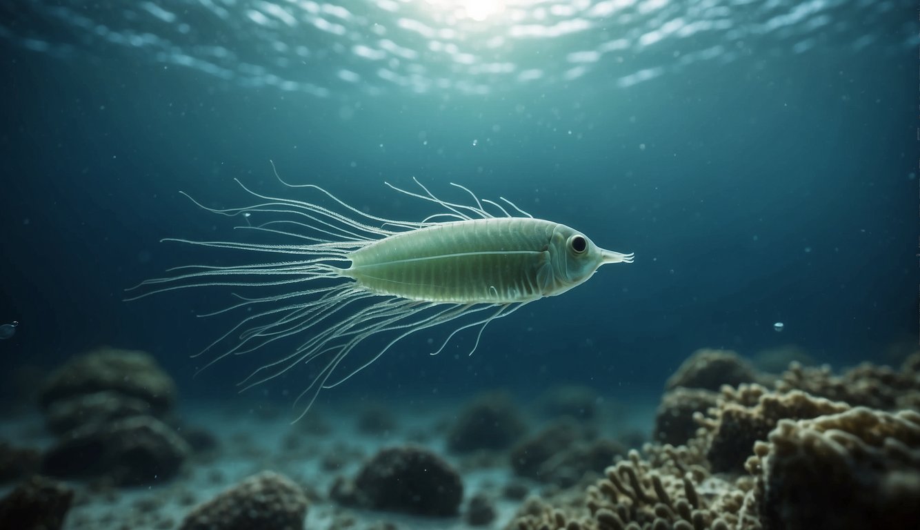 Plankton drifts through the water, serving as both food and oxygen producer for marine life.

Various species of plankton, from diatoms to dinoflagellates, play a crucial role in the ocean's delicate ecosystem