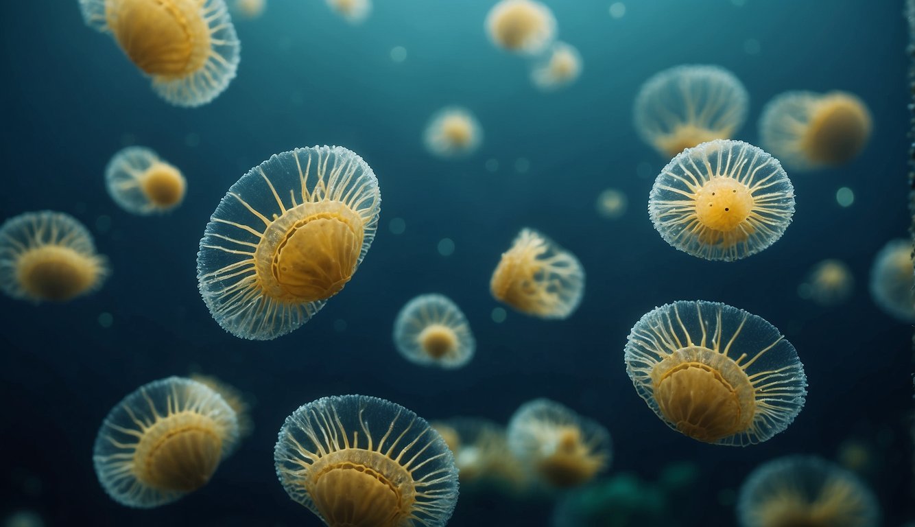 A diverse array of plankton species floats through the water, from tiny diatoms to graceful jellyfish, creating a vibrant and bustling underwater world
