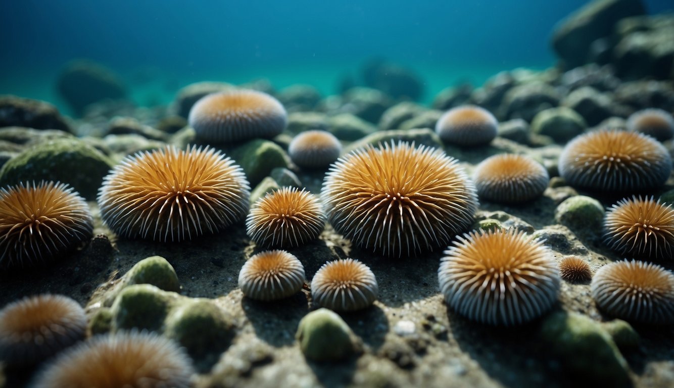 A cluster of sea urchins clings to a rocky seabed, their spiny shells creating a mesmerizing pattern against the blue-green water