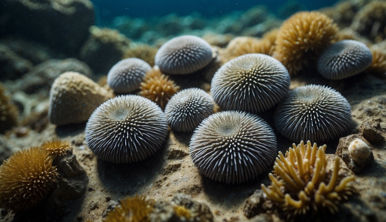 A cluster of sea urchins clings to a rocky seabed, their spiny shells varying in size and color.

Some are nestled within crevices, while others rest on the open ocean floor
