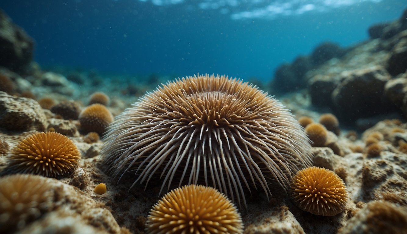 A diverse array of sea urchins inhabiting rocky crevices and sandy seabeds, scattered across the ocean floor from shallow coastal waters to the depths of the abyss