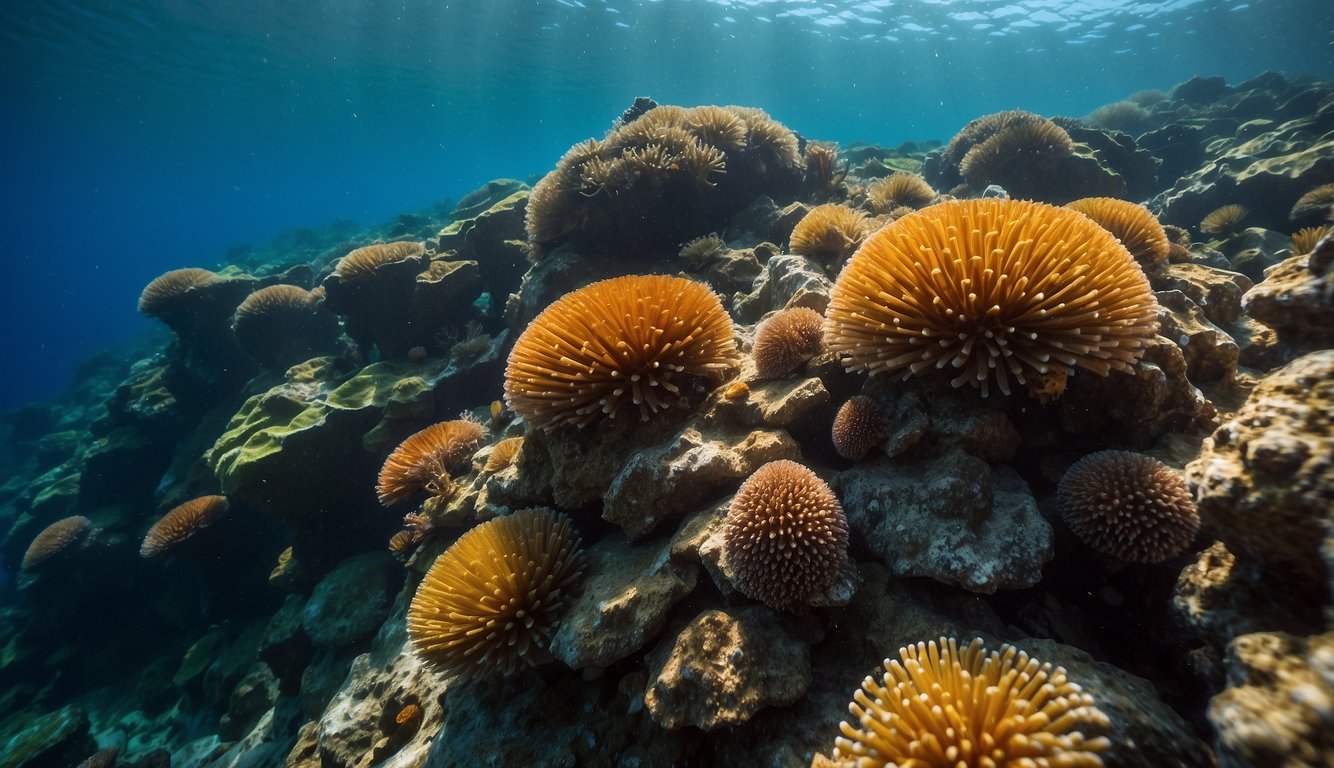 A vibrant coral reef teeming with sea urchins, their spiky bodies providing shelter for small fish and crustaceans.

The urchins graze on algae, contributing to the balance of the marine ecosystem
