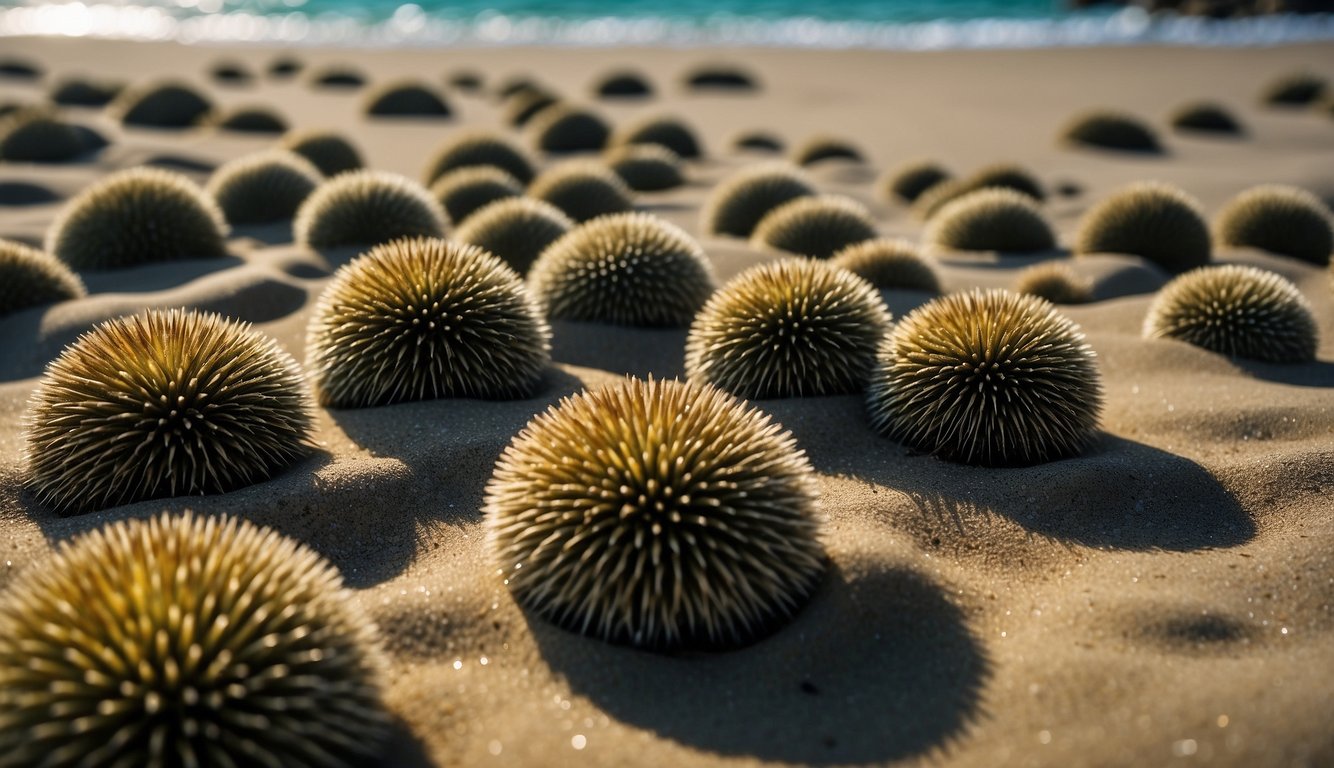 A group of sea urchins clustered on a rocky ocean floor, their spiky shells creating a mesmerizing pattern against the sand and seaweed