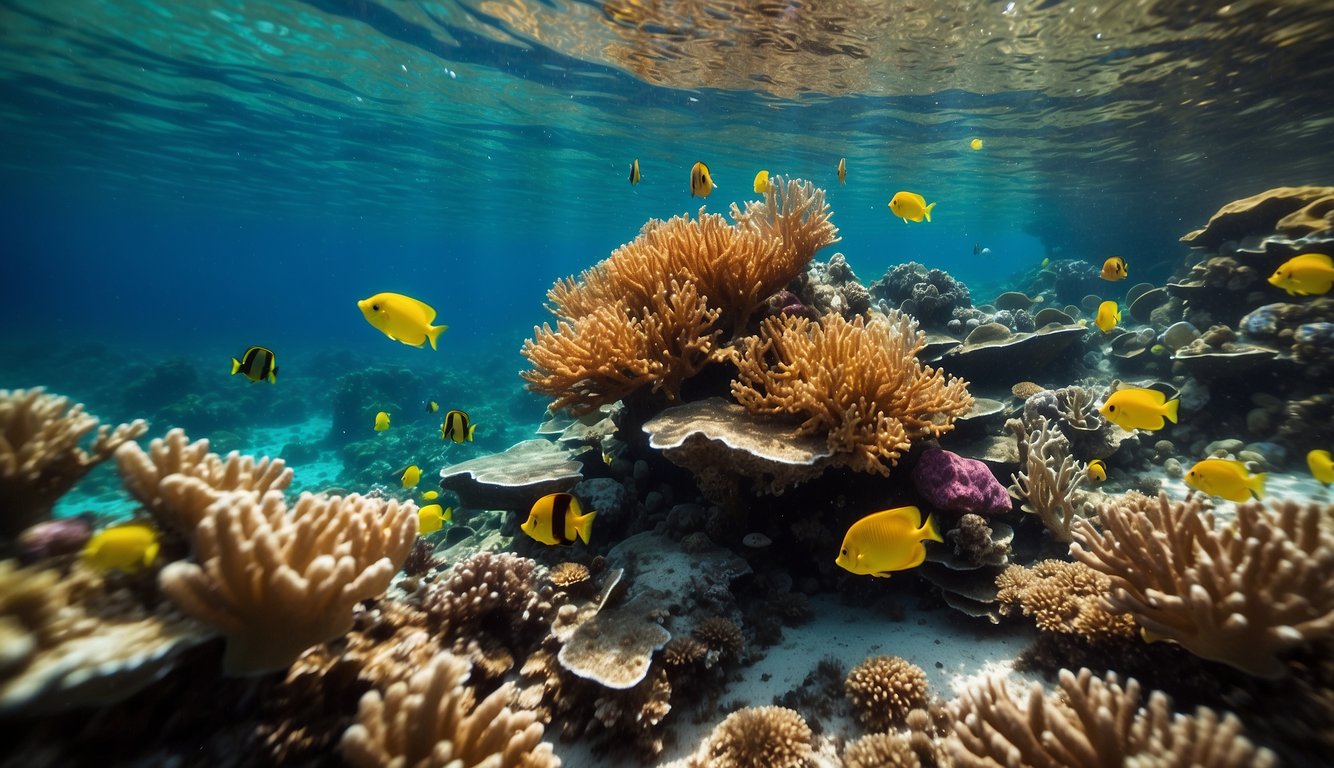 A vibrant coral reef teeming with colorful crustaceans and marine life, surrounded by clear turquoise waters and swaying sea plants