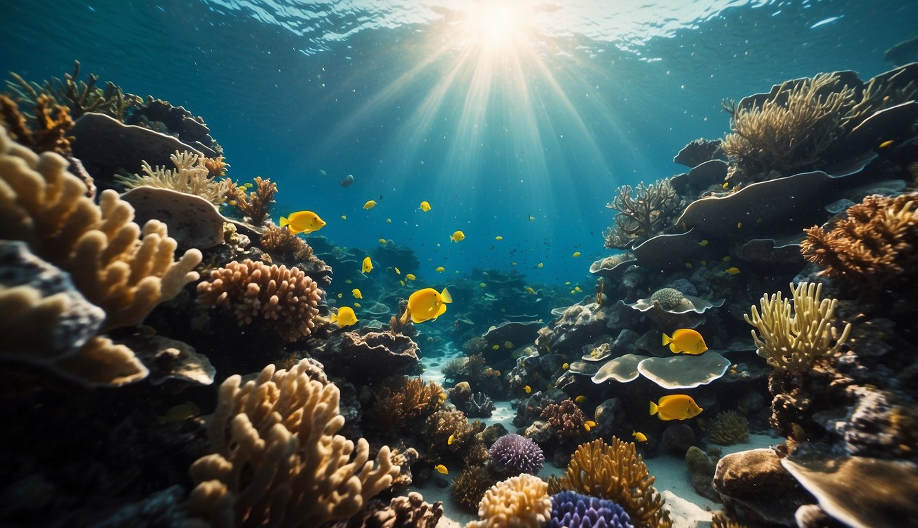 A vibrant coral reef teeming with colorful crustaceans and marine life, surrounded by clear blue waters and swaying seaweed.

Sunlight filters through the water, illuminating the bustling ecosystem below