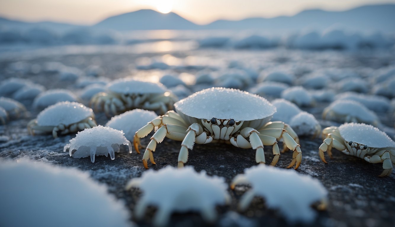 A group of ice crabs huddle together on a vast expanse of frozen tundra, their thick, white exoskeletons blending in with the icy landscape as they navigate the harsh Arctic environment