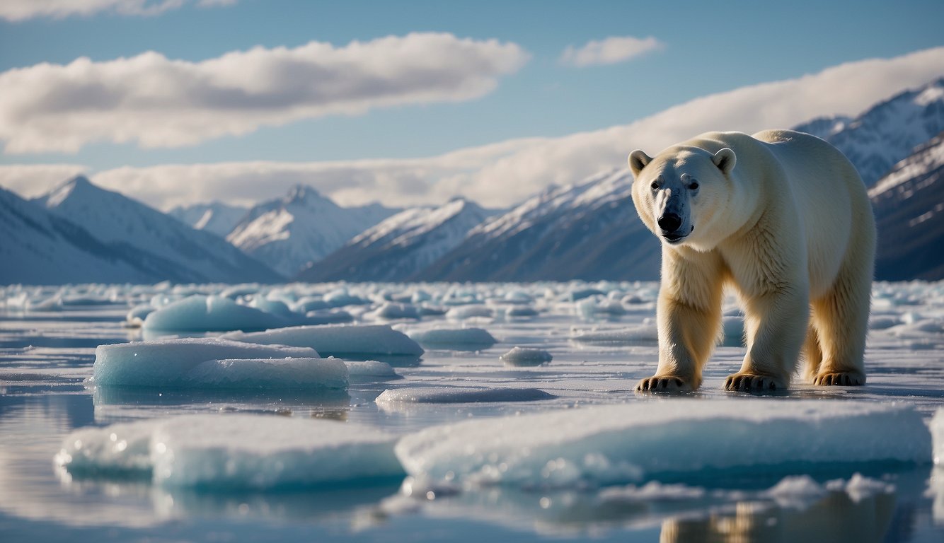 A polar bear hunts for seals on a vast expanse of ice, with snow-capped mountains in the background and a shimmering, frozen sea stretching to the horizon