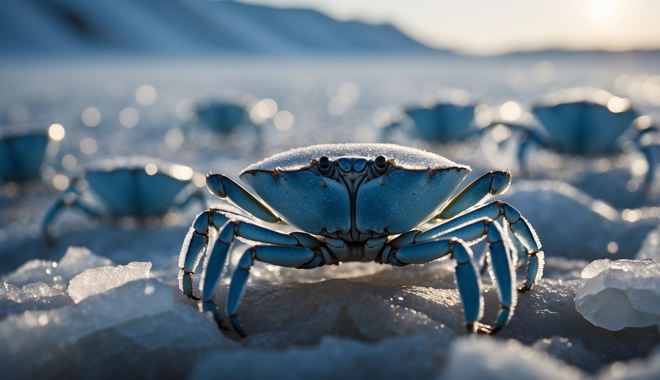 A group of ice crabs huddle together on a vast expanse of icy tundra, their sharp, angular bodies blending in with the frozen landscape.

Snowflakes gently fall around them as they navigate the harsh Arctic environment