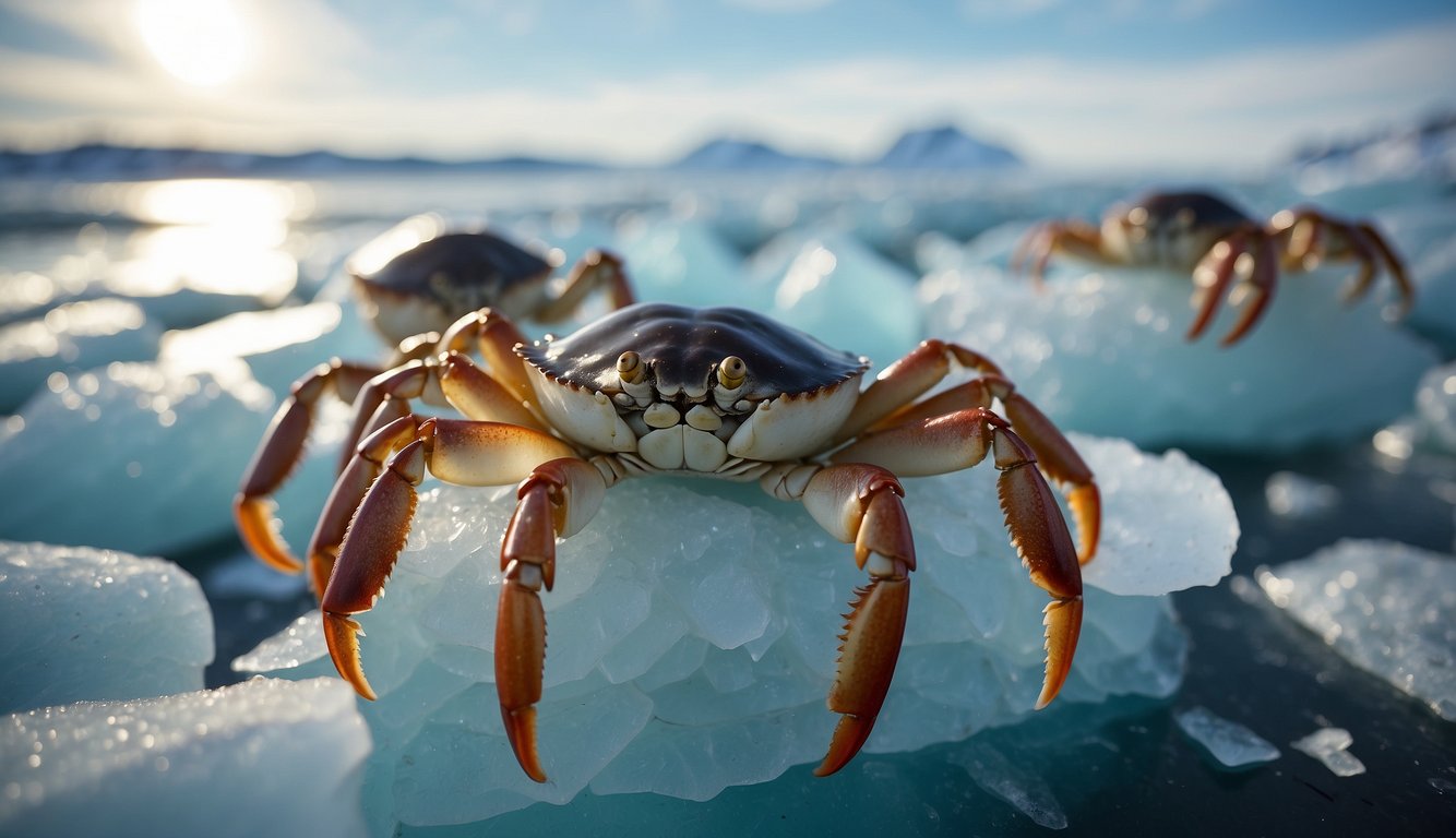 Ice crabs huddle together on frozen Arctic ice, their hard shells glistening in the cold sunlight.

They move in a synchronized pattern, searching for food and shelter in the harsh environment
