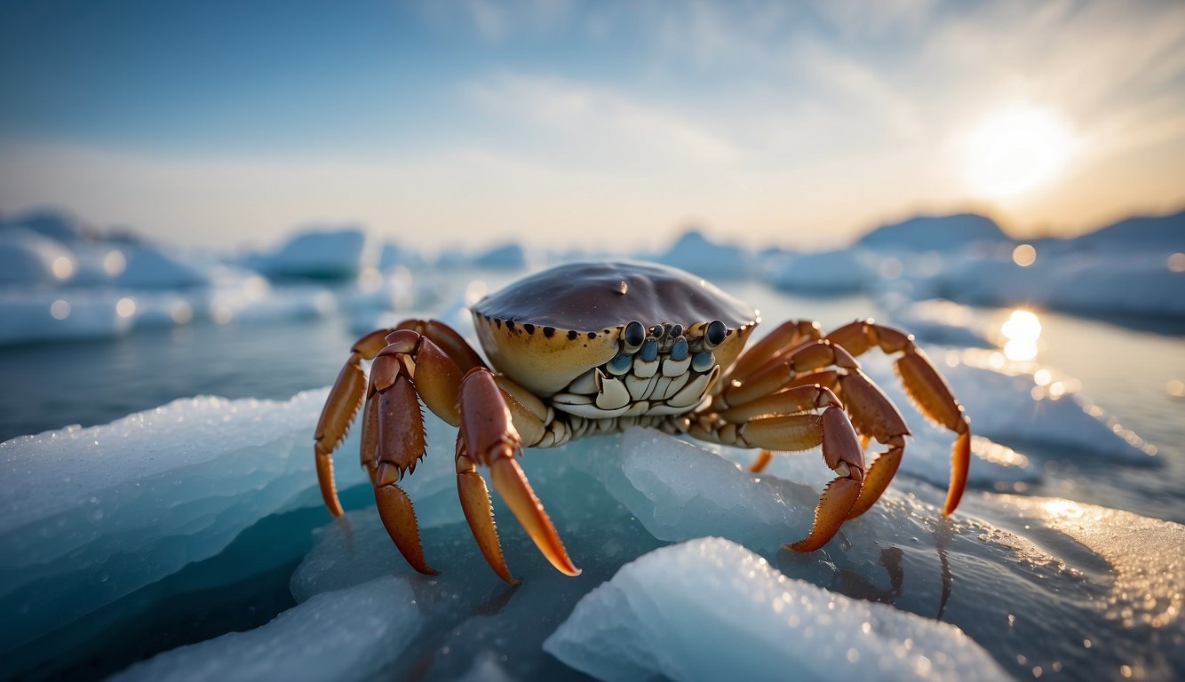 A group of ice crabs huddle together on a vast expanse of frozen Arctic ice, their sharp claws gripping the slippery surface as they endure the harsh cold