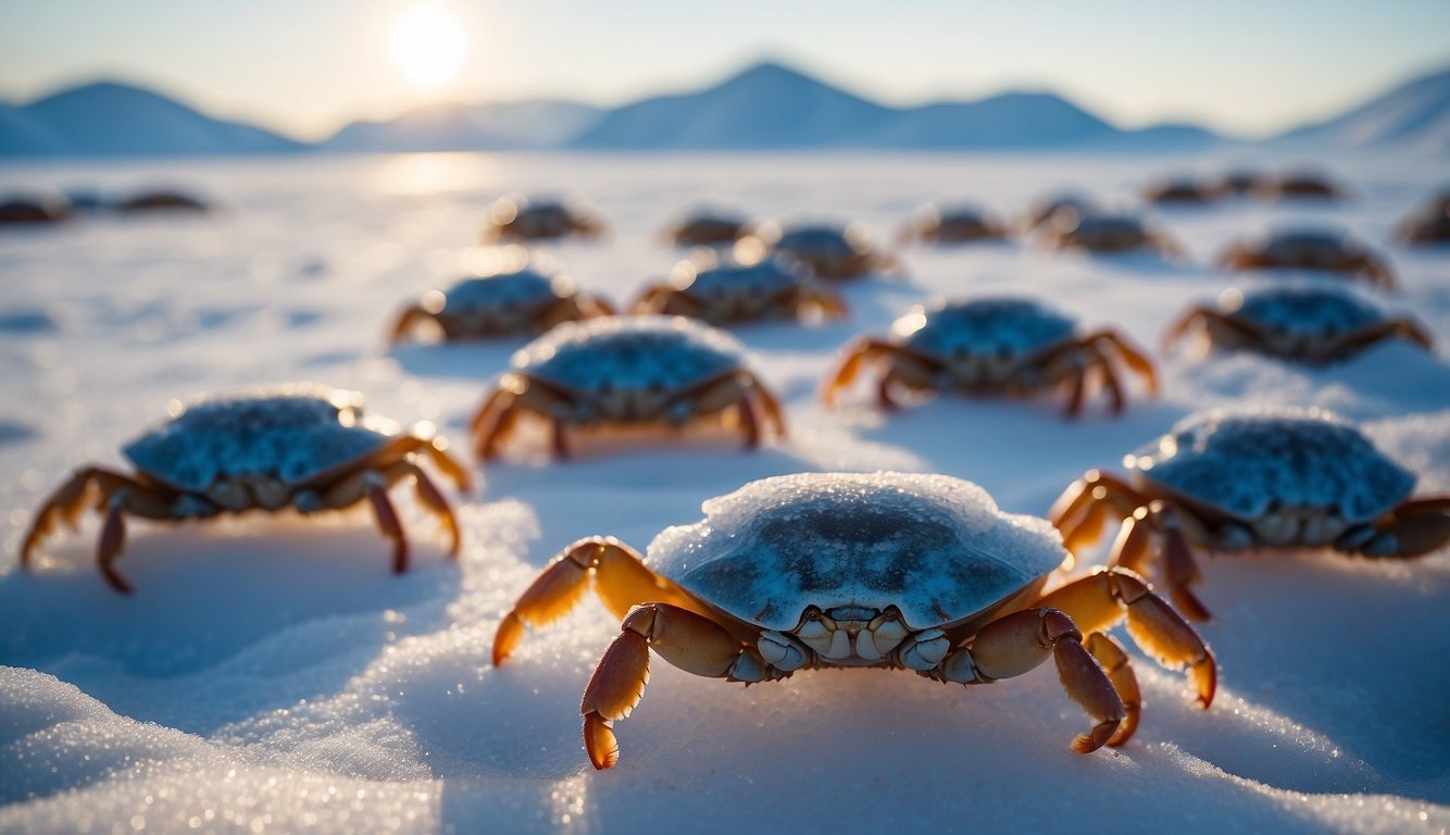Ice crabs huddle together on a vast expanse of frozen tundra, their translucent shells glistening in the pale light of the Arctic sun.

The icy landscape stretches out before them, with snow-covered mountains in the distance