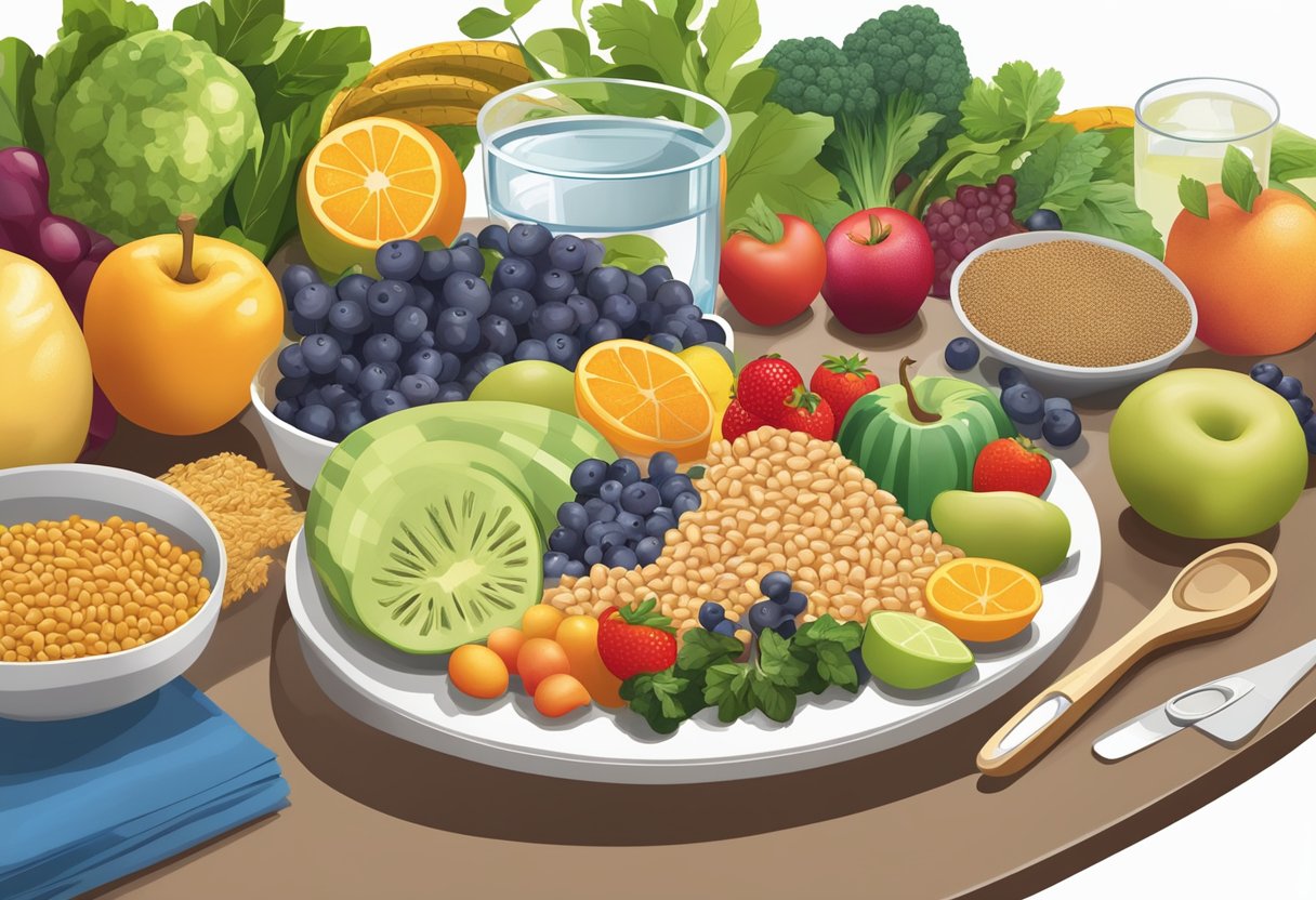 A colorful array of fruits, vegetables, lean proteins, and whole grains arranged on a table, with a glass of water and a measuring tape nearby