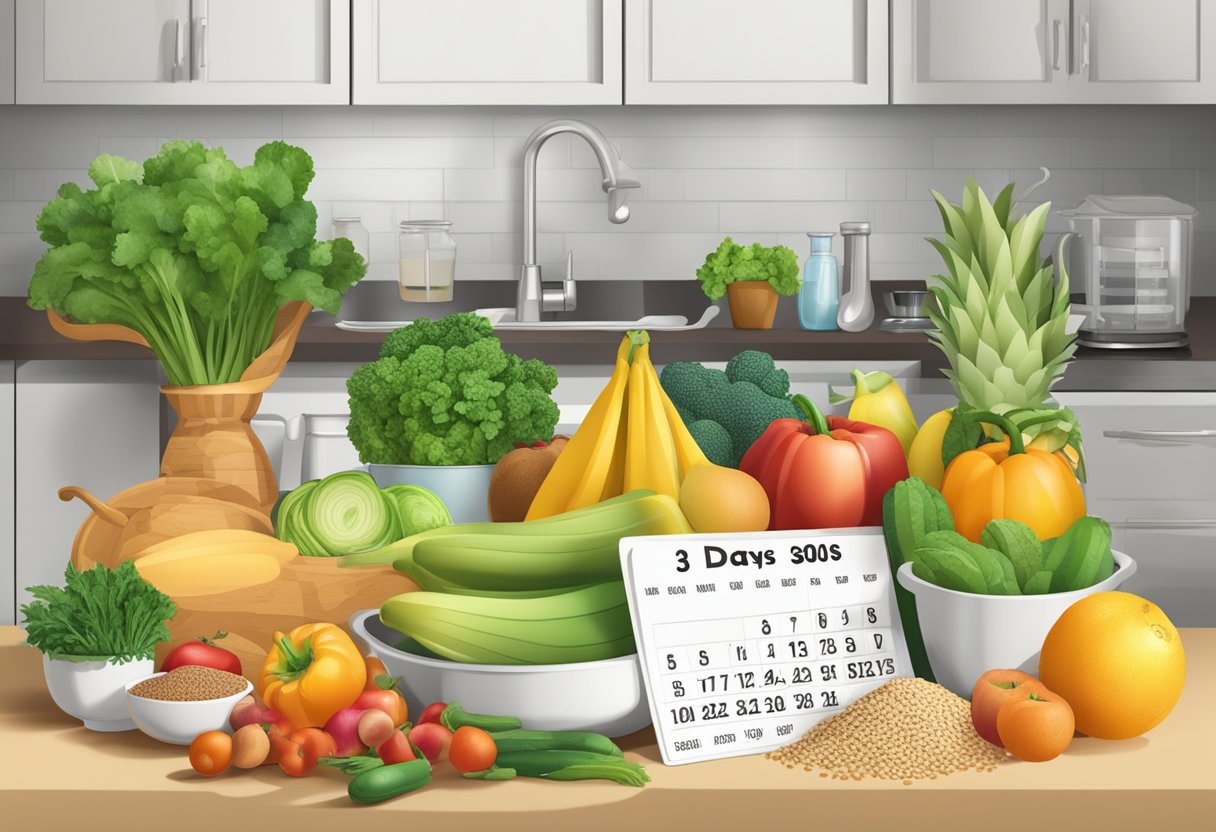 A kitchen counter filled with fresh fruits, vegetables, lean proteins, and whole grains. A calendar on the wall with "30 days" marked. Scales and measuring cups nearby