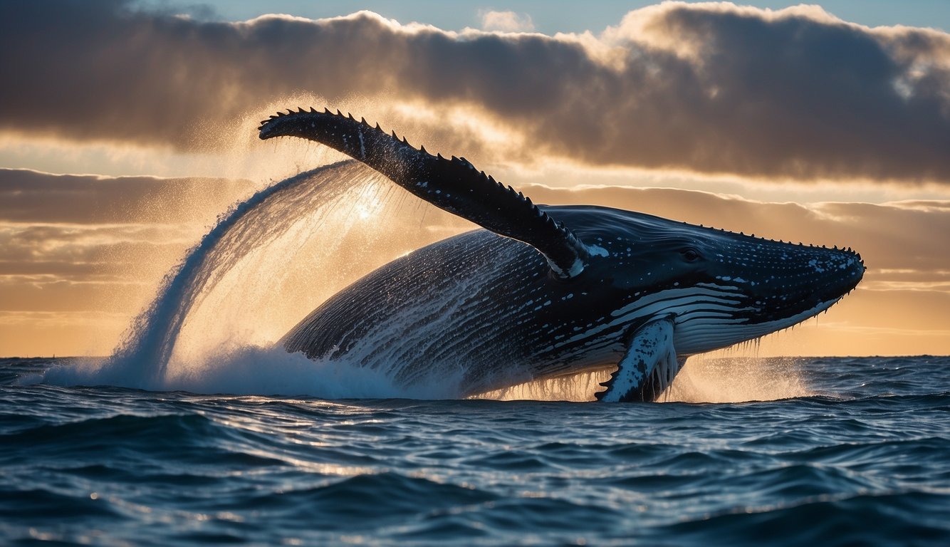 A massive humpback whale lunges through the icy waters, its mouth agape as it engulfs a shimmering cloud of tiny Antarctic krill