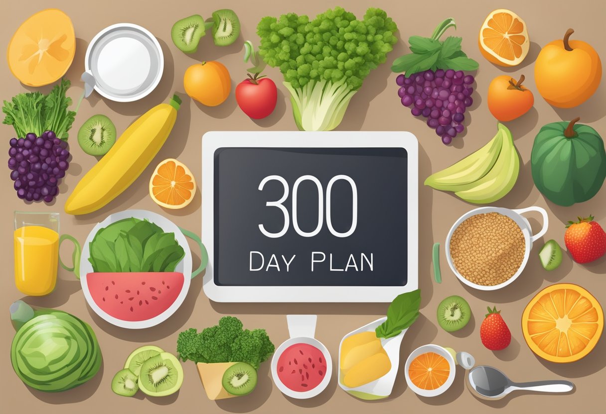 A table filled with colorful fruits, vegetables, lean proteins, and whole grains, surrounded by measuring cups and a timer, representing a 30-day weight loss plan