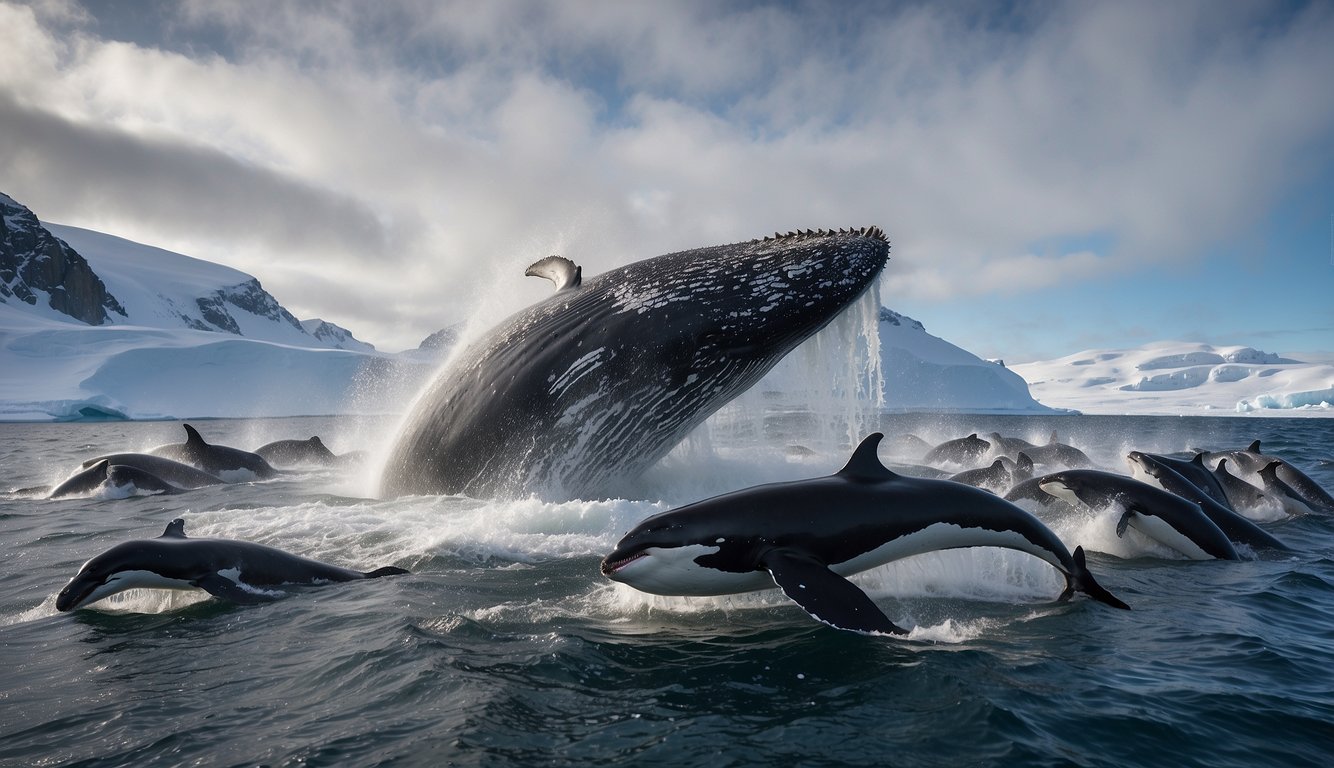 A pod of humpback whales surrounds a massive swarm of krill, their mouths agape as they feast on the tiny crustaceans in the frigid waters of the Antarctic