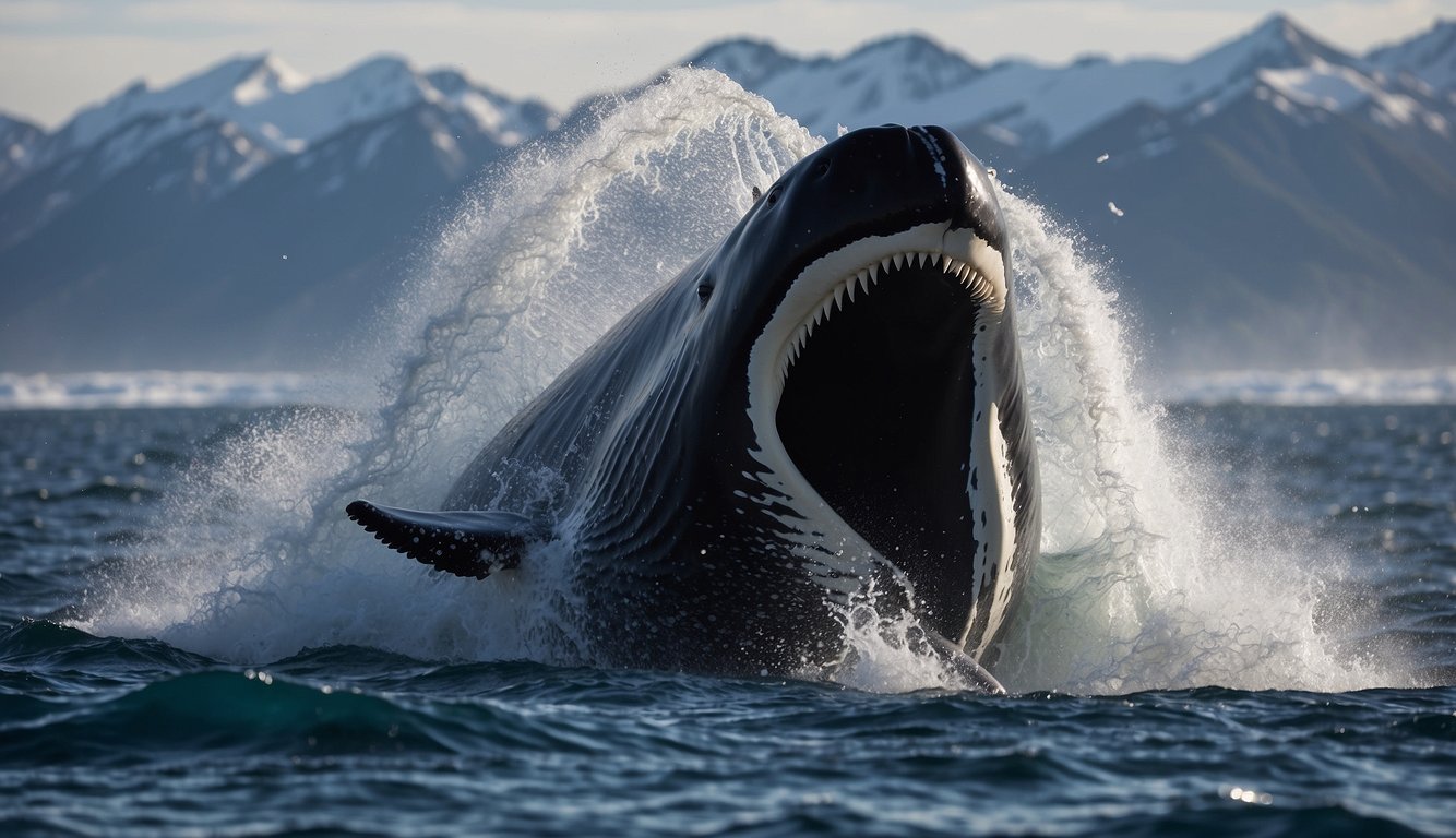 A humpback whale opens its massive mouth, scooping up countless tiny krill from the frigid Antarctic waters.

The krill swarm in a frenzy, creating a chaotic and dynamic scene of feeding and survival