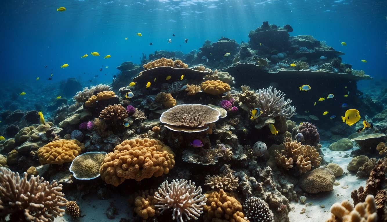 Vibrant coral reefs teeming with diverse marine life, creating a colorful and bustling underwater ecosystem