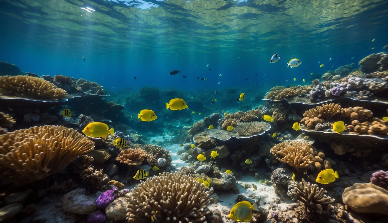 Colorful coral formations teeming with diverse marine life, surrounded by crystal-clear water.

A variety of fish, sea turtles, and other creatures populate the vibrant ecosystem
