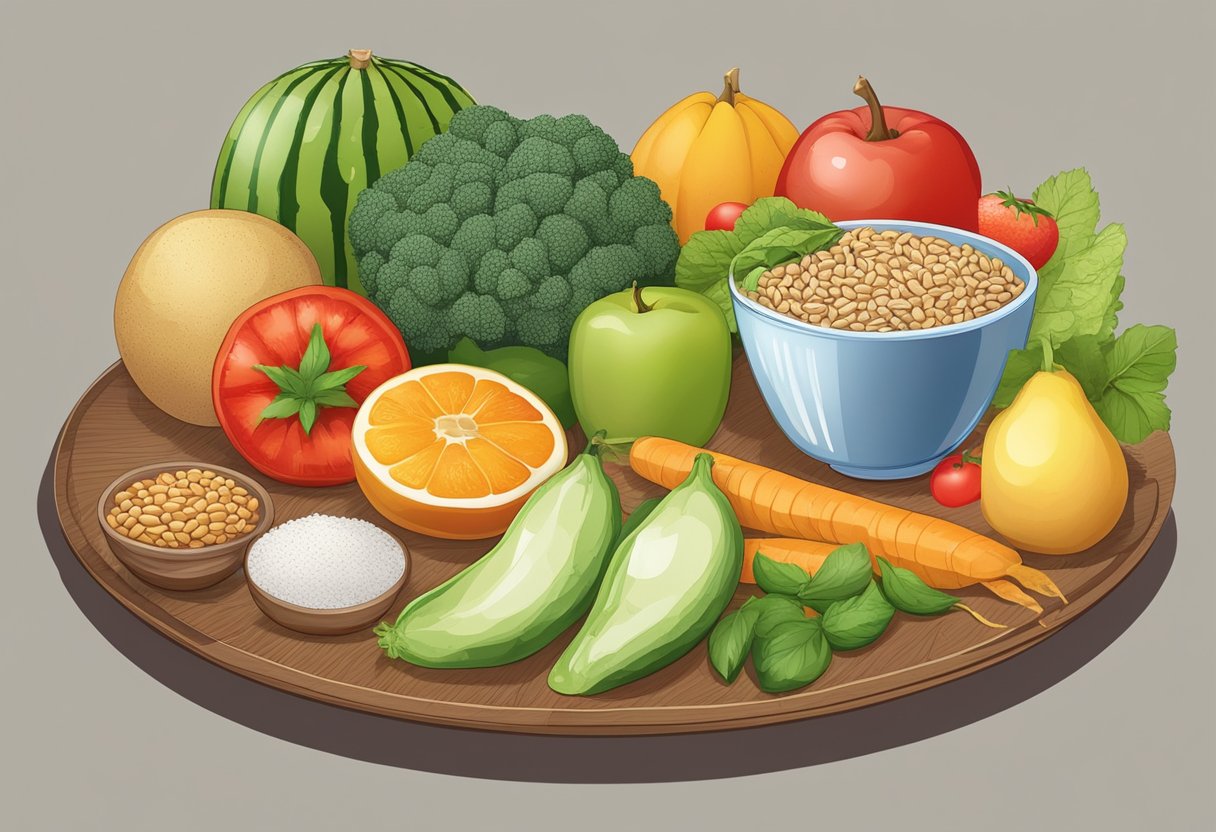 A variety of fruits, vegetables, lean proteins, and whole grains arranged on a plate, with a glass of water on the side