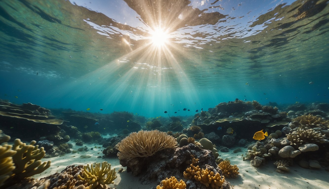 Vibrant coral reefs teeming with diverse marine life, surrounded by crystal-clear turquoise waters and swaying sea plants.

Sunlight filters through the water, creating a mesmerizing underwater landscape