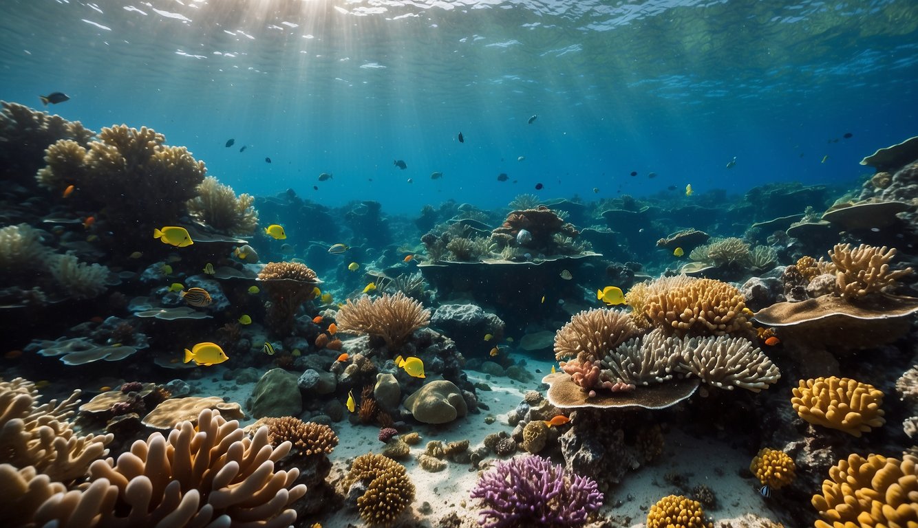 Colorful coral reefs teeming with life, fish swimming among vibrant corals, sea turtles gliding gracefully, and a variety of marine creatures coexisting in a beautiful underwater ecosystem