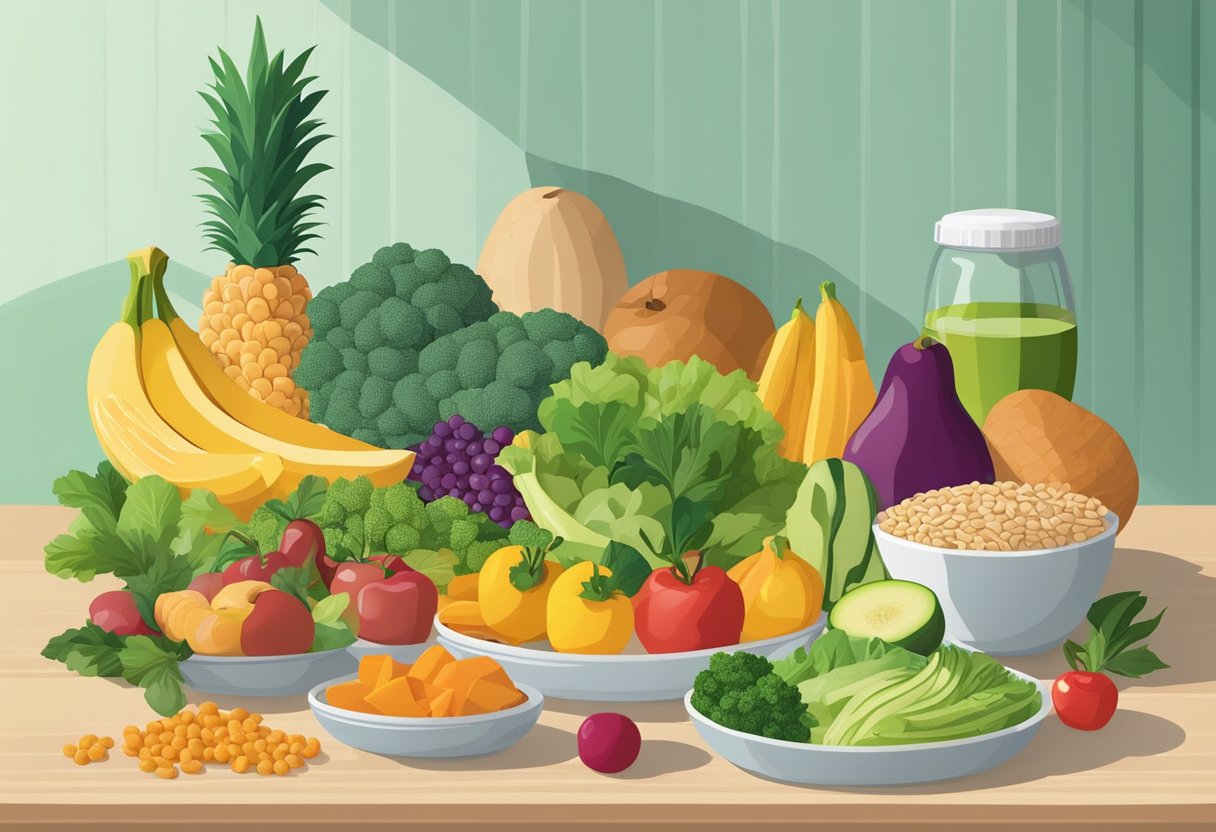A variety of healthy foods arranged on a table, including fruits, vegetables, lean proteins, and whole grains. A calendar on the wall shows 30 days