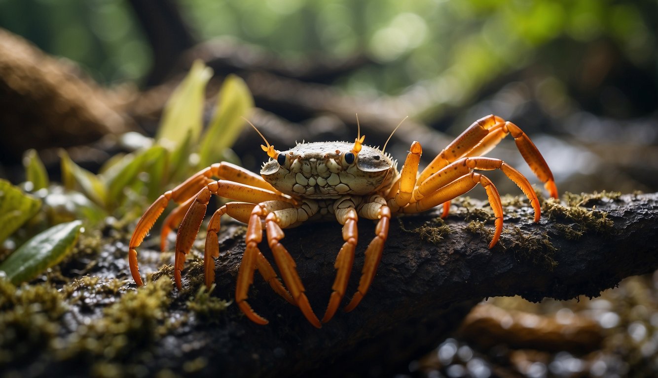 A diverse array of crustaceans inhabiting a lush mangrove forest, with crabs, shrimps, and lobsters bustling among the roots and branches