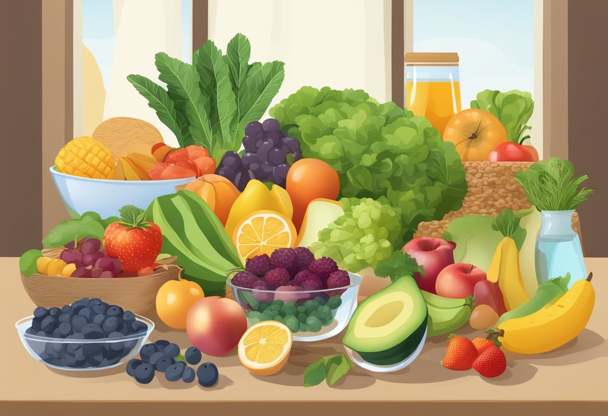 A variety of fresh fruits, vegetables, lean proteins, and whole grains arranged on a table with a glass of water, representing a balanced diet for weight loss