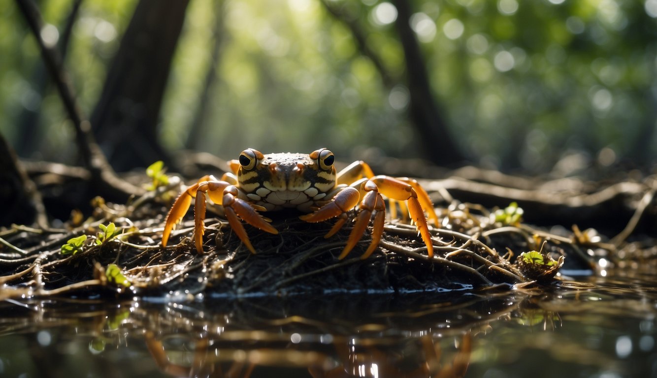 A bustling mangrove forest teeming with life.

Crabs scuttle among the roots, while small fish dart through the tangled branches. The air is filled with the sounds of chirping birds and rustling leaves