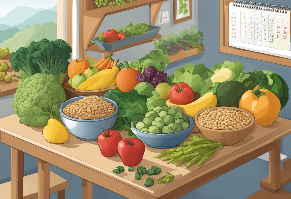 A table with various healthy foods, including fruits, vegetables, lean proteins, and whole grains. A calendar with "30 days" marked prominently. A scale in the background