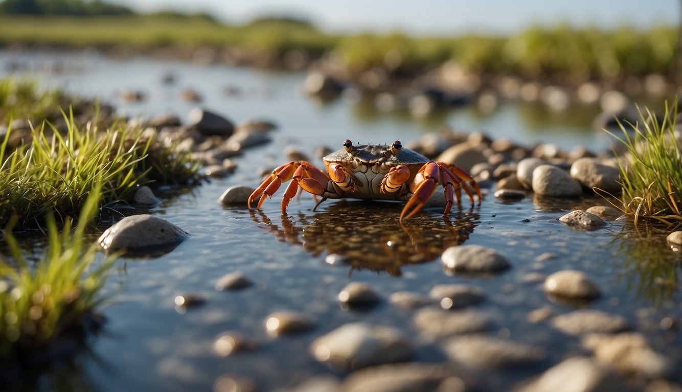 A bustling estuary teeming with diverse crustaceans, from tiny shrimp to large crabs, navigating through the murky waters and vibrant marshes