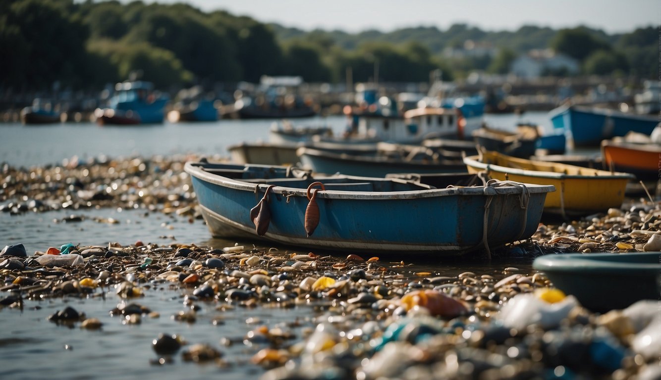 The estuary teems with fishing boats, industrial runoff, and plastic waste, disrupting the delicate balance of crustacean habitats