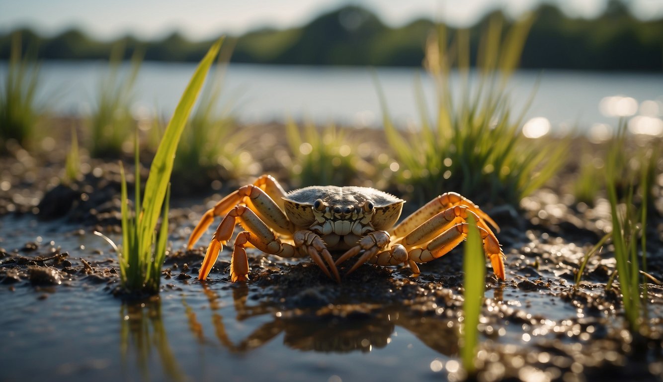 A bustling estuary teeming with crabs, shrimp, and lobsters.

Muddy banks and marsh grasses surround the water, while birds swoop and dive for their next meal