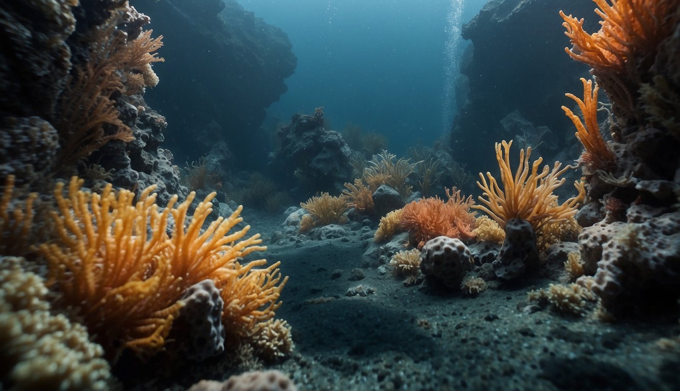 Volcanic vents spew mineral-rich fluids, surrounded by diverse ecosystems of tube worms, clams, and shrimp.

Hydrothermal plumes rise from the ocean floor