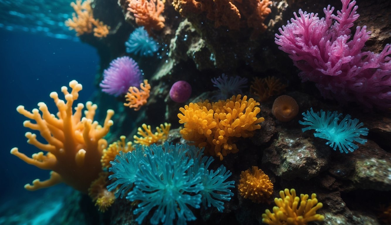 Bubbling, mineral-rich water spews from the ocean floor, surrounded by unique creatures and vibrant colors, creating a mesmerizing deep-sea vent ecosystem