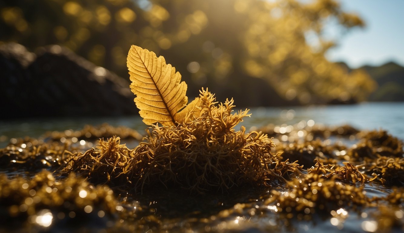 Sargassum seaweed floats on the ocean surface, creating a tangled, golden-brown forest.

Fish dart in and out of the seaweed, while seabirds circle overhead