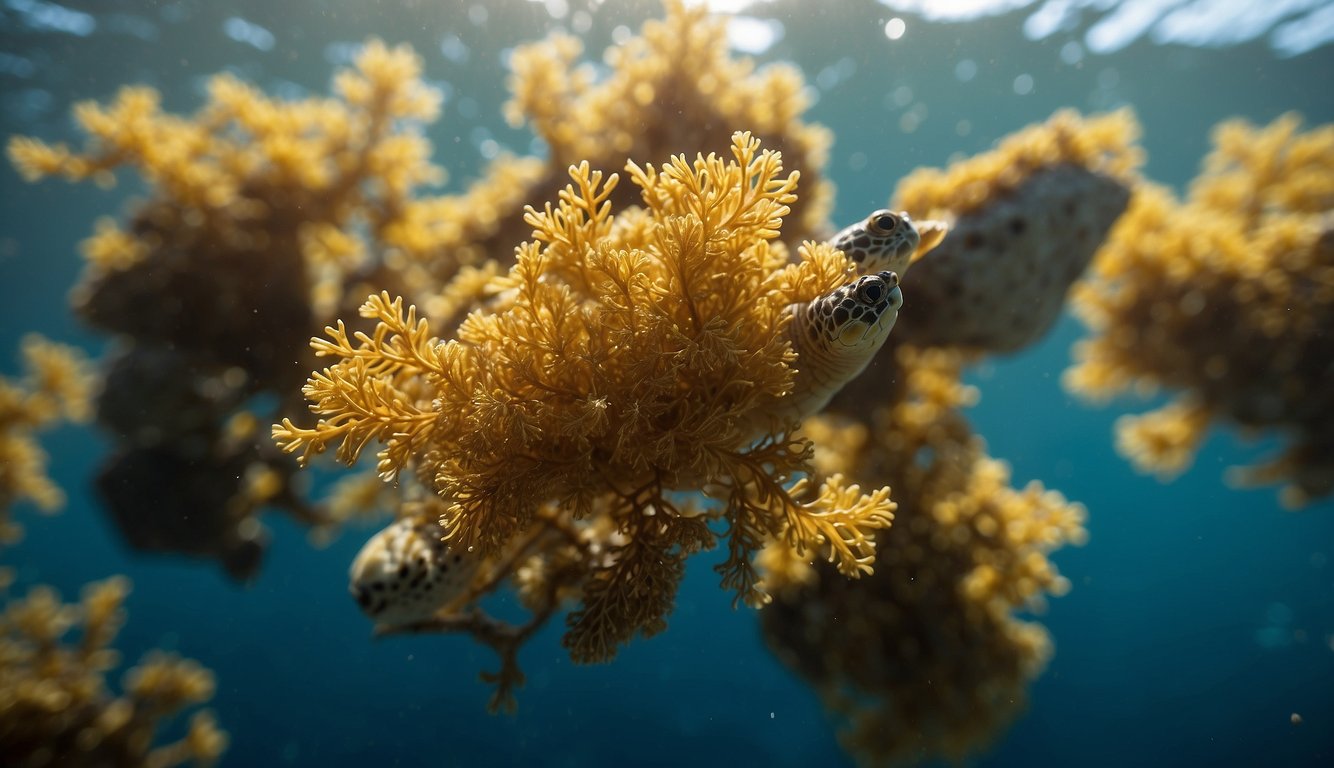 The Sargassum seaweed floats on the surface of the ocean, creating a golden-brown carpet that stretches as far as the eye can see.

Small fish dart in and out of the tangled mass, while sea turtles and other marine creatures find