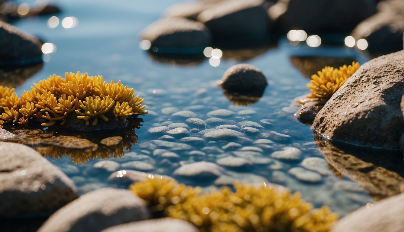 Clear water reflects the vibrant colors of small sea creatures and plants in the tide pools, surrounded by rocks and sand