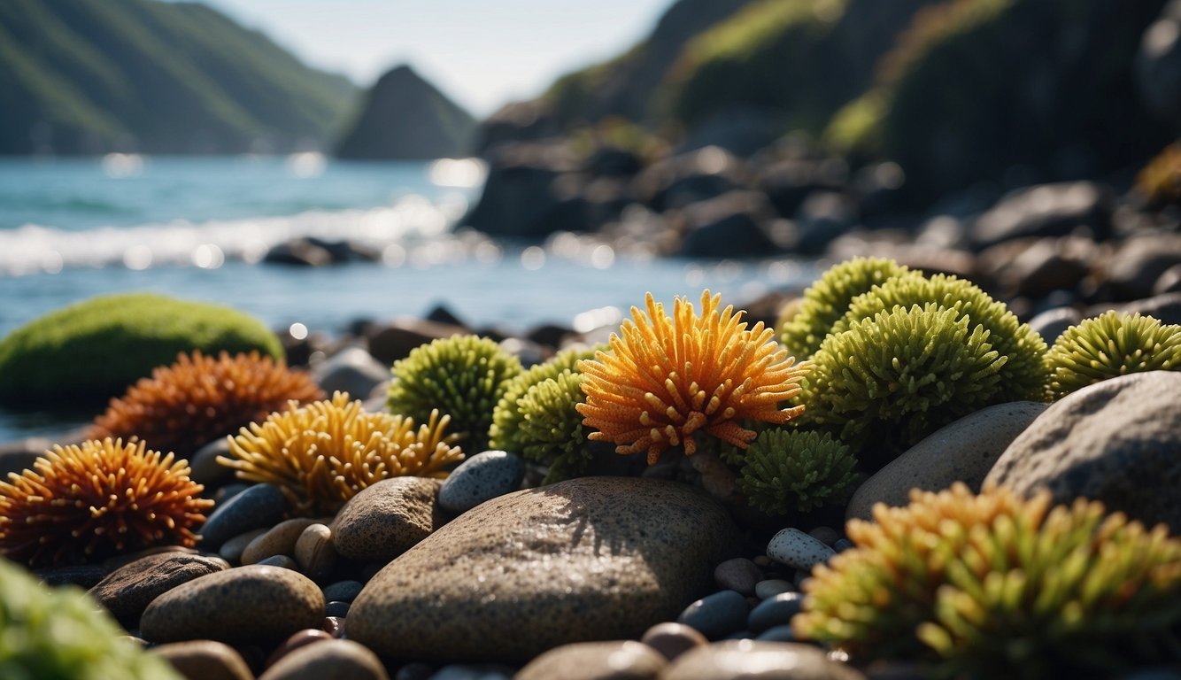 Vibrant sea creatures thrive in the intertidal zone, surrounded by colorful algae and rocks.

Waves crash against the shore, creating a dynamic and ever-changing environment