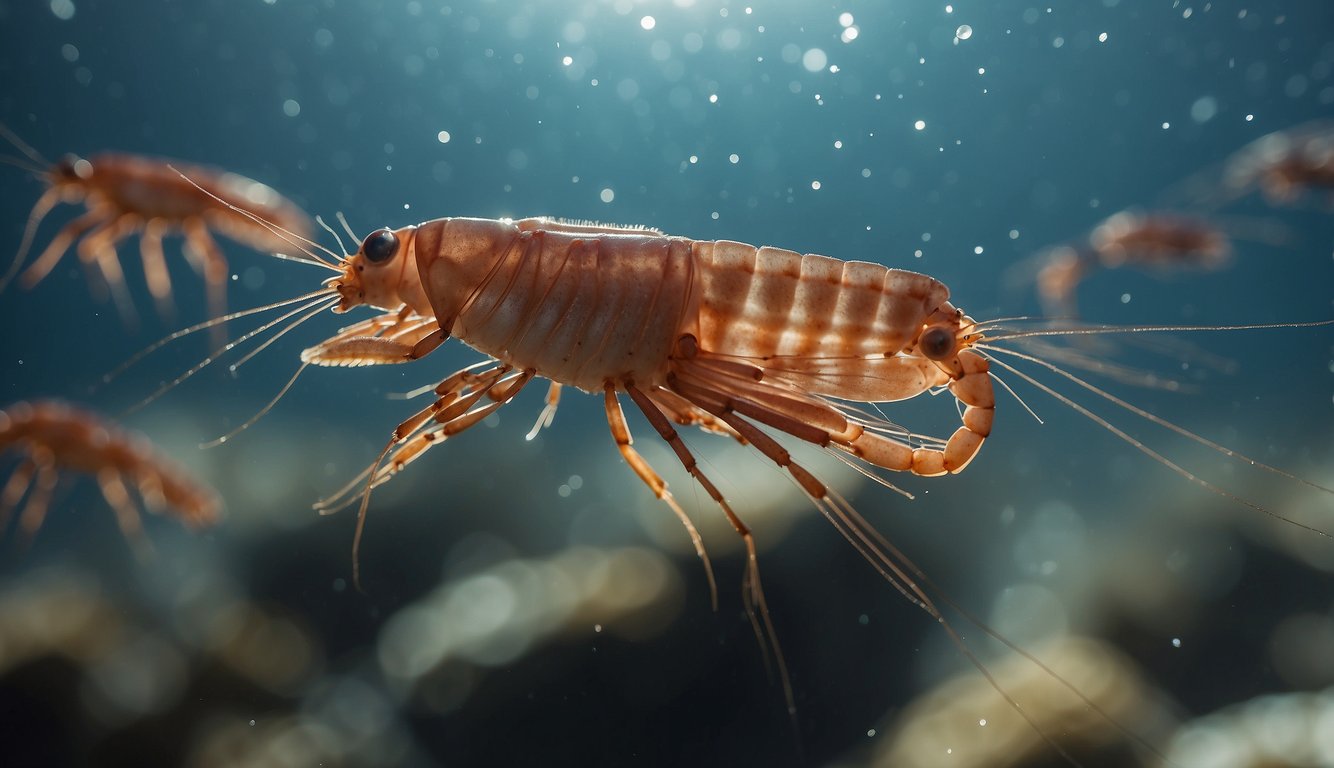 A swarm of brine shrimps dart through the crystalline waters, their tiny bodies glistening in the sunlight as they navigate through the salty depths