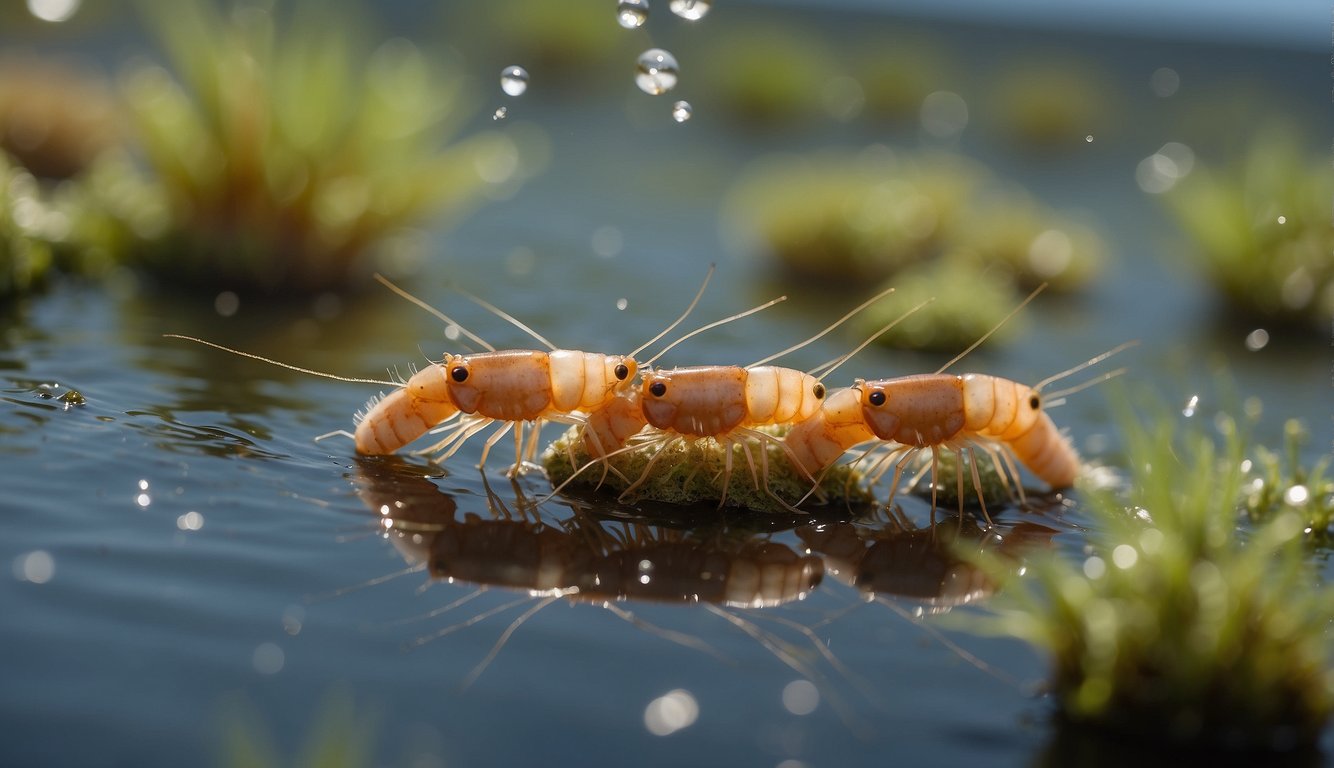 Brine shrimps hatch from eggs in a salty lake.

They swim and feed on algae, growing and molting until they reproduce, releasing new eggs into the water