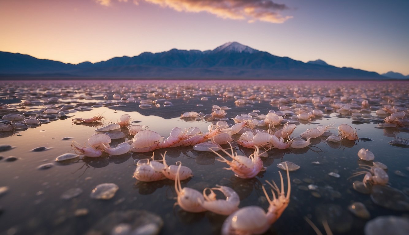 Brine shrimps swim in a saltwater lake, surrounded by pink-hued salt flats and distant mountains.

The water is teeming with life, and the shrimps move gracefully through the briny ecosystem