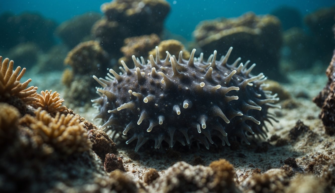 A group of sea cucumbers clean the ocean floor, scavenging for food and debris among the coral and rocks