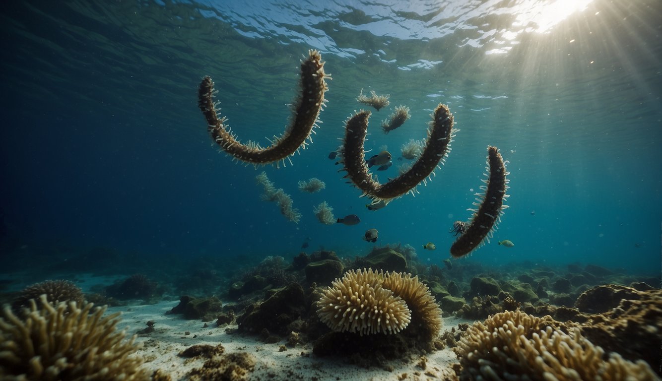 A group of sea cucumbers scavenge the ocean floor, cleaning up debris and organic matter.

The creatures move slowly and methodically, using their tentacles to collect and consume the waste