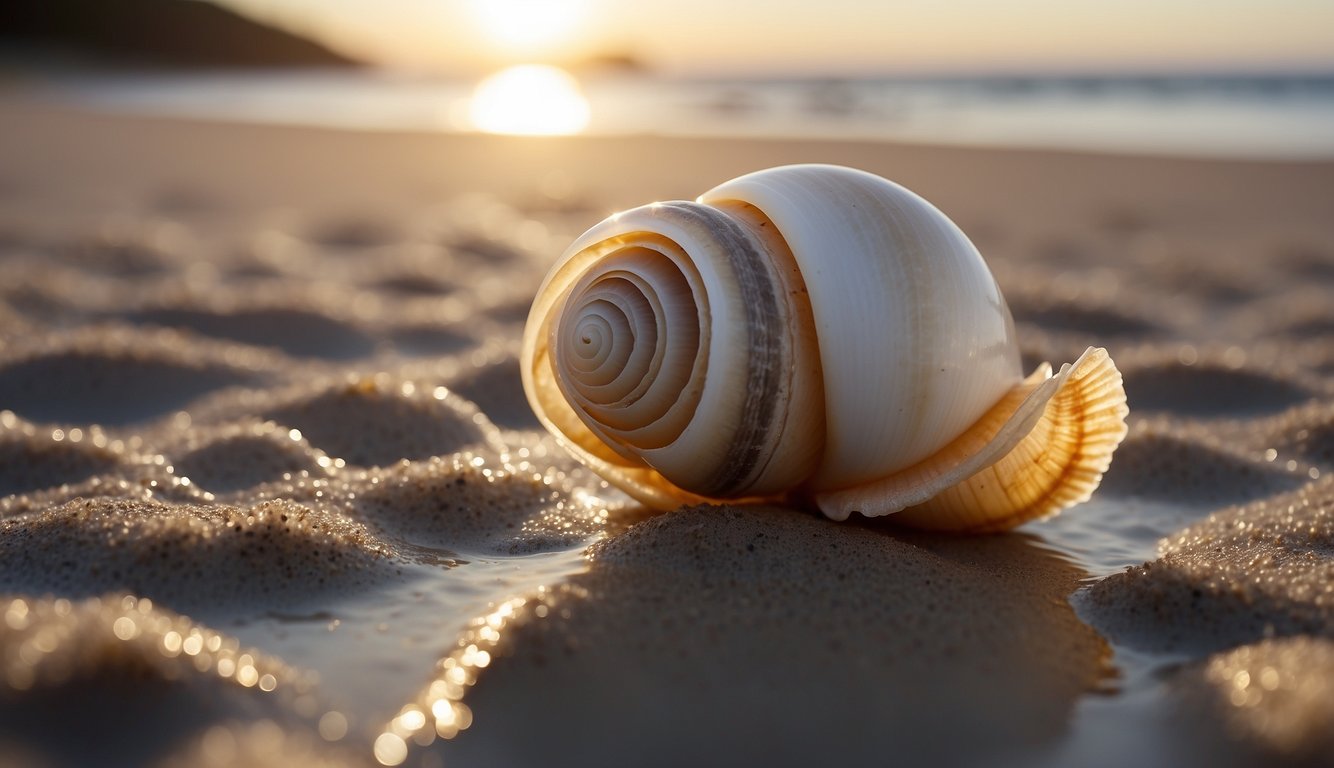 A whelk emerges from its egg sac on the wet sand, grows and wanders along the shore, then burrows into the sand to lay its eggs before returning to the sea