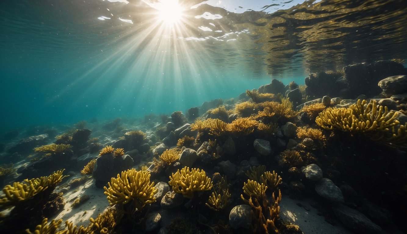 Sunlight filters through the clear water onto a rocky seabed.

Seaweed and kelp sway gently in the current, while clusters of clams and mussels thrive in carefully tended underwater gardens